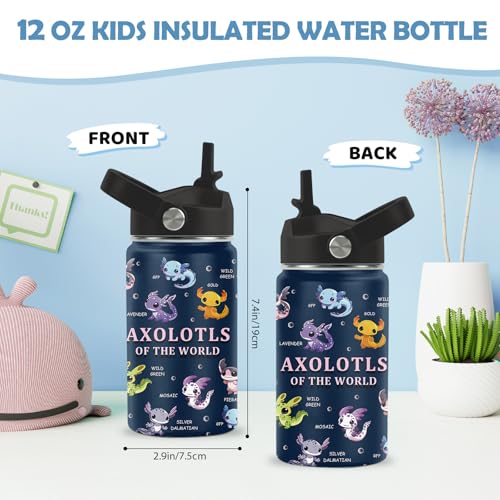 Axolotl Gifts for Girls Boys,12 oz Water Bottle with Straw Lid | Stainless Steel Vacuum Insulated Bottle, Leakproof, Cute Axolotl Cup Gifts for Birthday Holiday - color: Axolotl