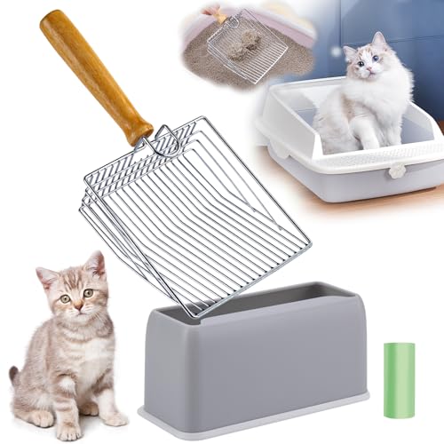 DHXYZZB Metal Cat Litter Scoop with Holder - Heavy Duty Litter Scooper & Speed Sifter with Comfortable Wood Grip - Washable Convenient Stand for Easy and Efficient Cleaning - color: Silver