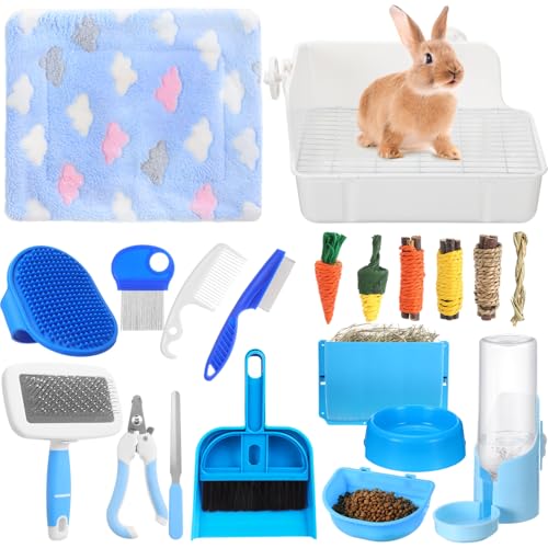 20 Pcs Rabbit Starter Kit Small Bunny Litter Box Animal Grooming Kit with Hanging Pet Bowls Water Bottle Bunny Toys Flannel Blankets with Cleaning Set for Guinea Pig Rabbit Accessories(Blue) - color: Blue
