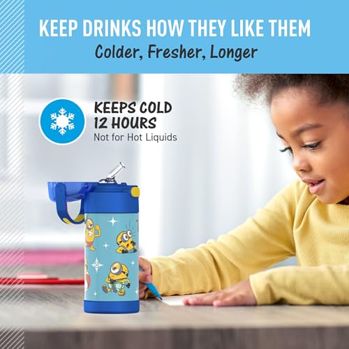 THERMOS FUNTAINER Water Bottle with Straw - 12 Ounce - Kids Stainless Steel Vacuum Insulated Water Bottle with Lid, Minions - color: Minions, size: 12 Ounces