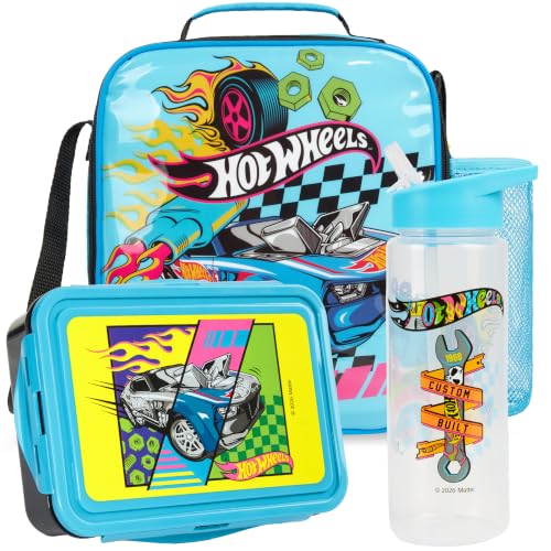 Get Trend Hot Wheels Boys Lunch Box 3Pc Set | Kids Insulated Lunch Bag with BPA-Free Water Bottle and Bento Box, Back to School Gifts for Boys - color: Multicolor Hot Wheels
