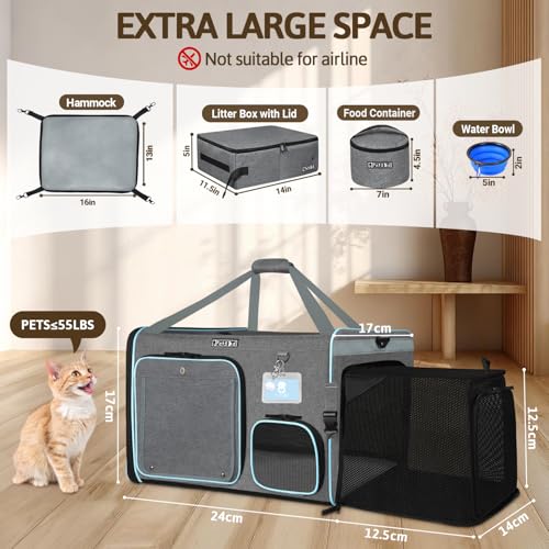 Side Expandable Extra Large Cat Carrier with Litter Box, Grey | 24"L x 17"W x 17"H, Privacy Curtain and Lockable Safety Zippers, for Long Distance Car Travel, Cats Under 55 lbs - color: grey