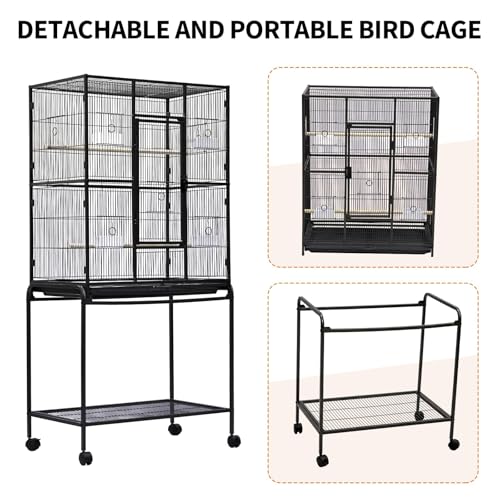 Spacious Flight Bird Cage with Rolling Stand & Storage Shelf - Durable Wrought Iron Parrot Home - Easy Clean, Ideal for Parakeets, Cockatiels, Conures, Lovebirds, Cockatoos - size: 37.2"L x 30.3"W x 4.3"H