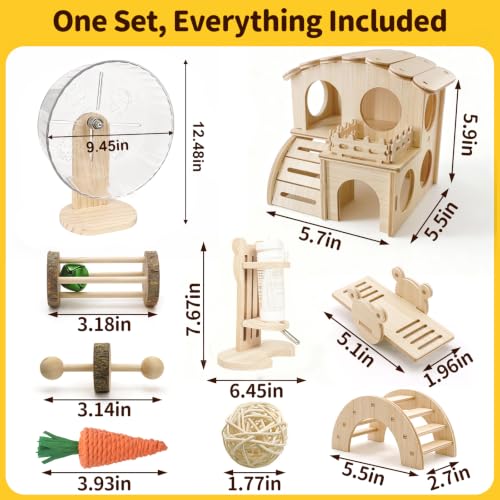Hamster Cage Accessories Set ，Silent Exercise Wheel, Maze Wooden Hideout, Water Bottle with Holder, Chew Toys & Interactive Platform for Hamsters, Mice, Gerbils (All-in-One Habitat Enrichment Kit)