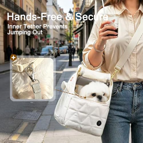 Dog Purse Carrier for Small Dogs Firm Bottom Puppy Travel Bag (Cream White) | Cat Carrier Small Dog Bag with Pocket, Breathable Mesh, Anti-Escape Safety Leash, Comfy Dual-Sided Mat for Outdoor Car Travel - color: Cream White