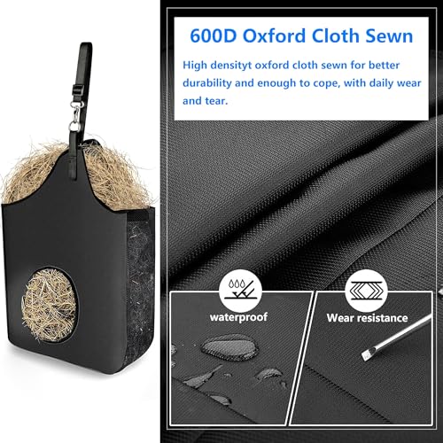 Hay Bag Hanging Goat Feeder Tote with Adjustable Strap | Premium Oxford Cloth with metal ring,Breathable mesh sides,for Horses Donkeys Cows Alpacas Ostriches & Other Animals,Black - color: black-1