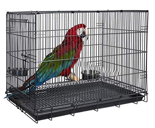 Large Durable Metal Travel or Veterinary Easy Collapsable Parrot Bird Carrier Beaks Proof Carrier Cage Easy Clean Pull Out Tray Stainless Steel Feeder Bowls Natural Wooden Perch - color: Black