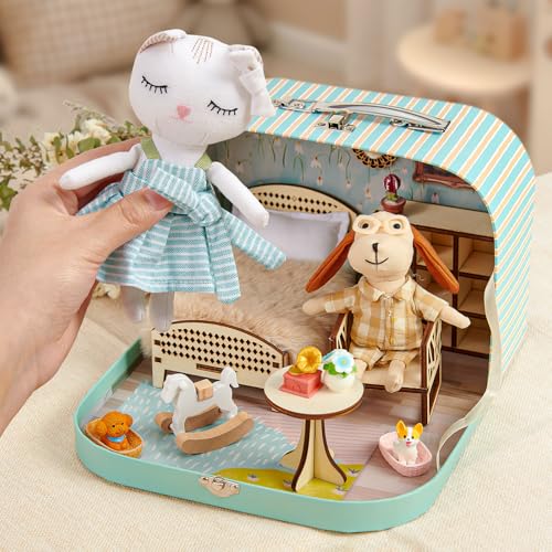 TUZT Portable Dollhouse Suitcase for Ages 3-8, Foldable Bedroom Playset with 21 Wooden Furniture, Cute Animal Dolls & Accessories, Travel-Friendly Pretend Play Toy - style: Living Room