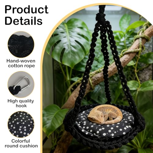 Reptile Hammock Swing Hanging Bed Bearded Dragon Hammock Reptile Accessories for Chameleon, Lizards, Gecko, Snakes, Iguana Reptiles, Geckos, Bird, Parrot, Parakeet, Cockatiel Toys（Black with pad） - color: Black with pad