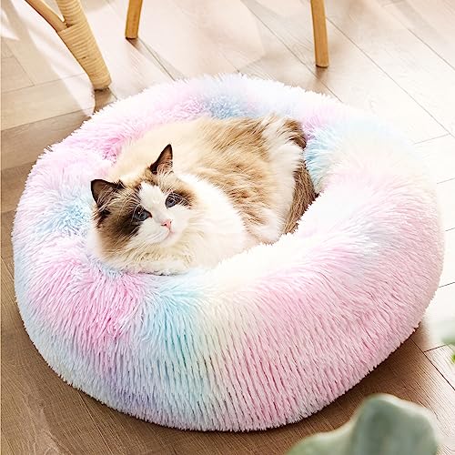 Bedsure Calming Cat Beds Donut Round Washable Kitten Bed,20 inches | Fluffy Faux Fur Cuddler,Anti-Slip Bottom,Anti-Anxiety,Deep Sleeping for Cats&Small Pets Up to 15 Lbs,Multi Color - color: Multi Color, size: 20"L x 20"W x 6"Th