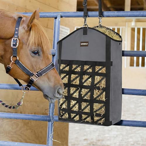 Ultra-Slow Feed Hay Bag for Horses, 3 Packs Hay Bags with Net Front Design,Wide Opening for Easy Filling,Two Types of Hanging for Feeding Goats, Sheep and Donkeys (1 Black+2 Grey) - color: 1 Black+2 Grey