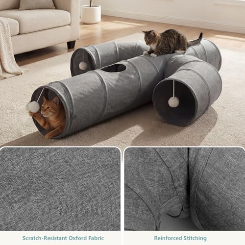 Ownpets Cactus Cat Tunnel 10" with Peek Holes for Indoor Large Cat, Grey | Durable Oxford fabric, noise-free, foldable & connectable, multi-cat friendly, tube for cats up to 20lb, includes ball & wand - size: 10 Inches in Diameter