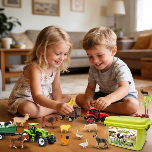 BOLZRA Farm Animal Figures Toy, Realistic Plastic 2 Farm Tractors Playset with Trailer, Farmer Fence Storage Box, Christmas Birthday Easter Gift for Kids 3-8 - style: Farm Animals Figures