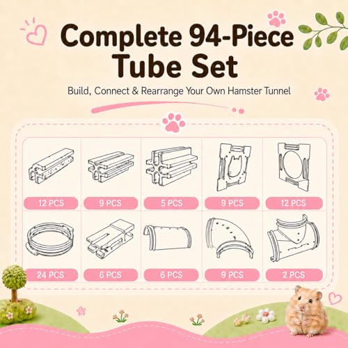 94 Pcs DIY Hamster Tunnel Tube Set, Clear Small Animal Cage Tube Kit Can Easy Viewing, 2-Inch Diameter Exercise Playground for Dwarf Hamsters, Mice & Gerbils