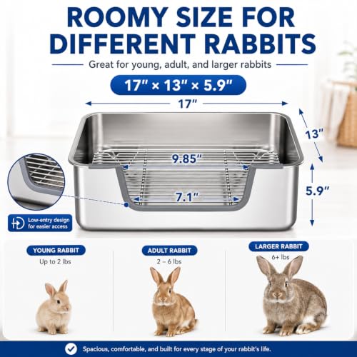 Stainless Steel Litter Box for Rabbit, Metal Bunny Litter Box Sifting Large | Non-Chewable, Easy to Clean, Long-Lasting Use, Odor Control, L: 17.2" x 13.4" x 5.9"