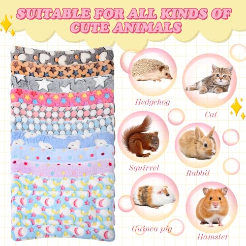 Tudomro 10 Pcs Guinea Pig Bed Mat with Cleaning Dustpan Brush 15" x 11" Animal Bedding Fleece Bunny Sleeping Pad for Small Dogs Cats Rats Hedgehogs Ferrets Hamster Indoor(Dots Star) - style: Dots Star