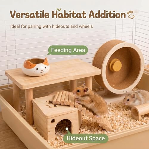 Hamster Play Platform Wooden Cage Accessory for Small Hamsters, Natural Multi-Level Climbing Playground & Rest Area, Enrichment Habitat Decor for Dwarf Syrian Hamsters