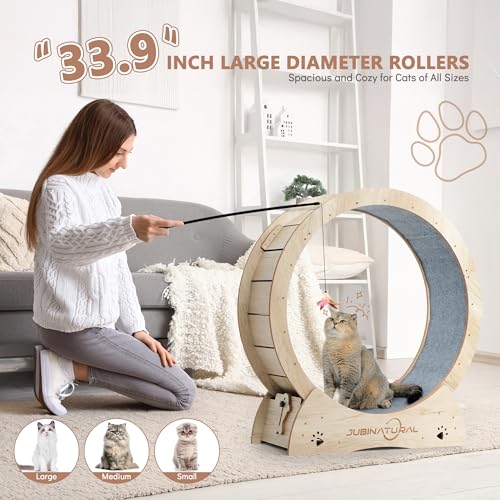 35.9" Cat Exercise Wheel, Quiet Treadmill with Removable Carpet | 33.9" runway, 50 lb structural capacity, TPE low-noise rollers, under 6 mm anti-pinch gap, safety lock and removable carpet - color: WOOD, size: 35.9"
