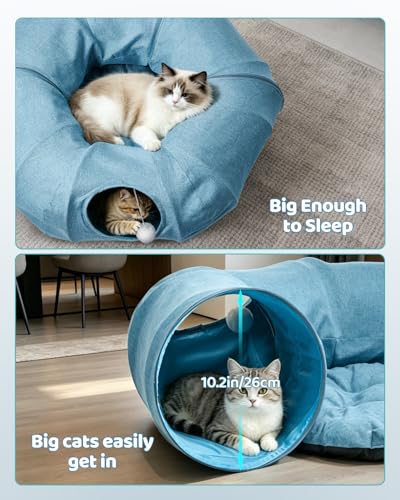 Odoland Linen Cat Tunnels with Central Cat Bed, Interactive Cat Toys Detachable Washable Soft Mat Large Indoor Play Tunnel Cave for Kittens and Small Animals - color: Linen Light Blue