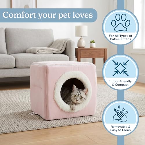 Cat House - Indoor Bed with Removable Foam Cushion - Cat Cave for Puppies, Rabbits, Guinea Pigs, Hedgehogs, and Other Small Animals by PETMAKER (Pink) - color: Pink