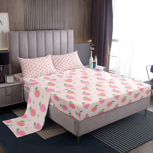 Erosebridal Cartoon Pink Peach Bed Sheets Kid Kawaii Sheet Set Girl Lovely Peach Fitted Sheet Cute Fruits Tropical Plant Bedding Set Lightweight Flat Sheet Twin Size 3Pcs Bedroom Decor - color: Multi 03, size: Twin