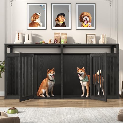 87In Farmhouse Dog Crate TV Stand, Wooden Dog Kennel Furniture with 2 Doors, Large Dog Crate Furniture for 2 Dogs, Solid Metal Tube & 4 Lockable Doors, Black - color: Black