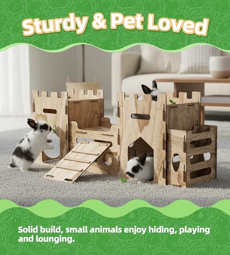 HIIMALEX Extra Large Wooden Bunny Castle House Multistory Climbing Tower Hideout Ventilated Sturdy Habitat for Rabbit Guinea Pig Chinchilla Ferret