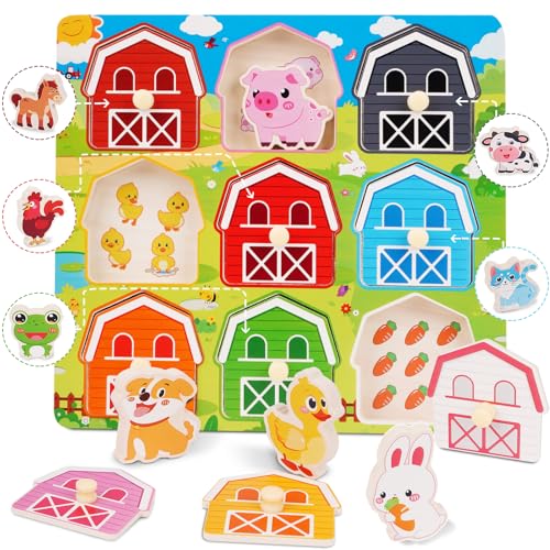 Toddler Wooden Puzzles Ages 1-3, Montessori Toys for 12+ Months Boys Girls | Birthday Gifts, Wood Farm Animal Peg Fine Motor Skills Toy Puzzles for Toddlers Age 2-4 Girls - Preschool Learning Activities
