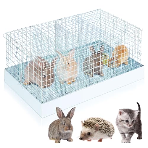 DoubleFill 4 Hole Foldable Rabbit Transport Cage, 24 x 12 x 10 in Portable Metal Bunny Carrier with Tray & Handles for Travel Temporary, Small Animal Cage for Guinea Pigs Hamster Indoor Outdoor - color: Sliver, size: 25.8"L x 15.8"W x 3.7"H