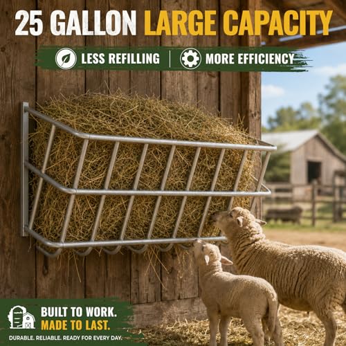 25 Gallon Wall Mount Hay Feeder, Metal Hay Rack for Goats and Horses | Galvanized steel, livestock feeding rack, barn stall feed holder, space-saving, rounded edges, easy install