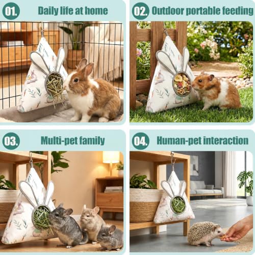 Soft Cotton Bunny Hay Feeder Bag, Cute Triangle Rabbit Hay Holder with 3D Ears, Hanging Hay Dispenser for Guinea Pigs, Chinchillas & Small Pets, Breathable & Washable Cage Accessories