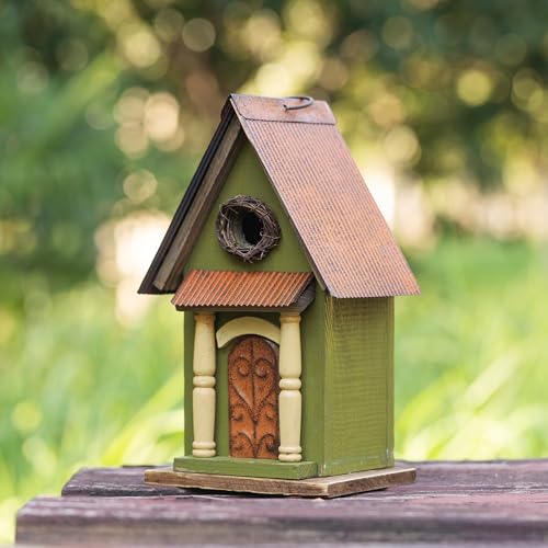 Glitzhome Hanging Birdhouse for Outdoors, Bird Houses for Outside, 11.25" H Vintage Distressed Decorative Wooden Bird House Garden Birdhouse for Bluebird Hummingbird Wren Finch Cardinals Cedar - color: 11.25"H Green