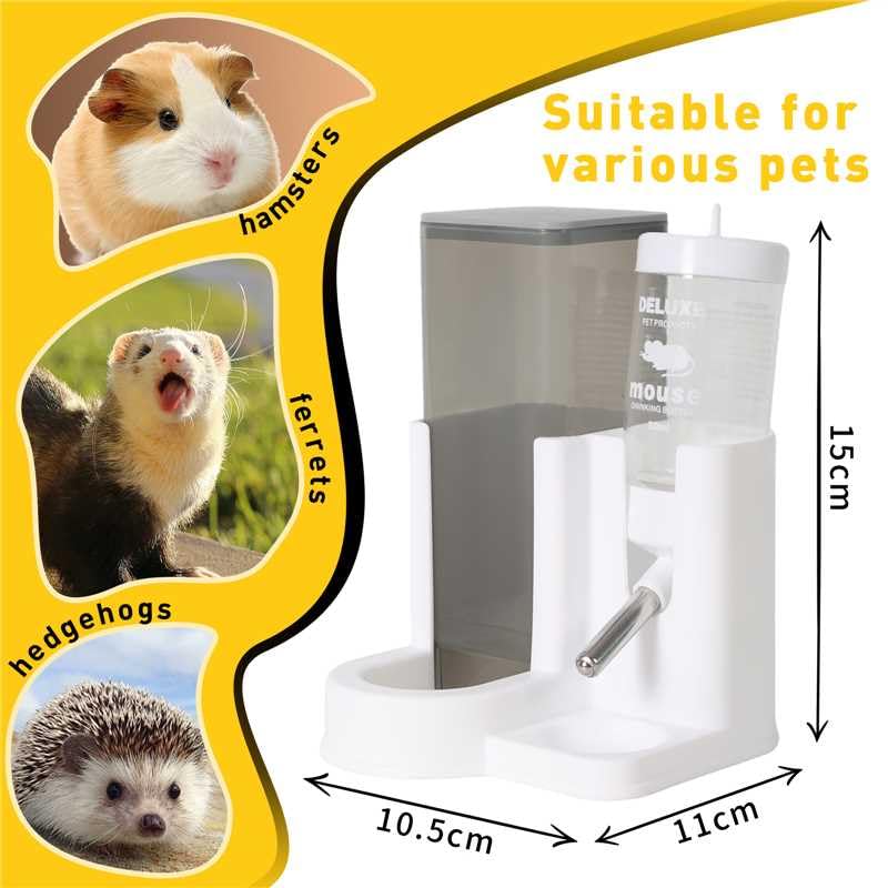 Hamster Water Bottle Standing Water Dispenser No Drip 2 in 1 Large Capacity Small Animal Automatic Food Bowl for Cage Accessories for Hamsters Gerbils Mice (Yellow, 5.91 in X 4.13 in X 4.33 in)