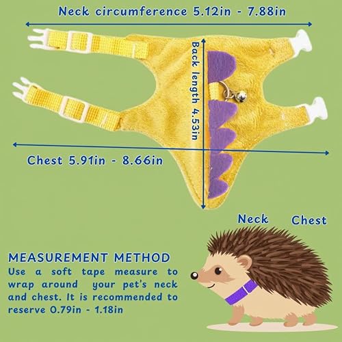 Adjustable Hedgehog Leash and Harness with Safe Bell, Dinosaur Shaped Harness Leash for Training Playing, Hamster Clothes for Ferret Guinea Pig Hamster, Hedgehog Accessories (Yellow) - color: Yellow