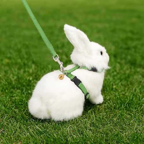 Hypeety Rabbit Harness with Leash Adjustable Nylon Vest for Small Animals | Adjustable 7.9-11.9'' chest, 7.1-10.3'' neck, escape-proof snap buckles, with bell lead for bunnies/guinea pigs/ferret, green - color: Green