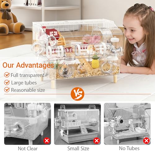 8 in 1 Acrylic Hamster Cage 2 Tier Dwarf Hamster Cage 360° Clear Viewing | Hamster Cage Transperant Hamster Habitat Top Open Gerbil Cage Mouse Cage with Tubes for Pet Mice (Clear, 17.7"x13"x11.8") ﻿