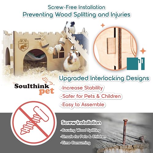 SoulThink® Large Guinea Pig Hideout & House - Easy to Assemble Wooden Guinea Pig Castle with Hammock, Ramp and Toys Accessories Habitat Suitable for Hamsters and Chinchilla - color: Comfy Hammock