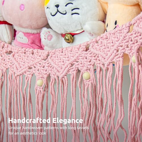 Large Stuffed Animal Hammock, Stuffed Animal Storage Toy Hammock Net for Stuffed Animals Corner, Plushie Net Hammock Toy Organizer for Boho Playroom Baby Nursery Decor - color: Pink