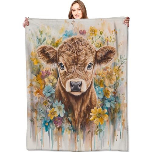 Sweet Highland Cow Blanket Cute Calf Throw Blankets,Gifts for Kids Woman Adult,Lightweight Soft Fleece,Watercolor Flower Style,for Sofa Couch Bed Room Modern Artistic Decor 60x80in - color: Cow, size: 60x80in