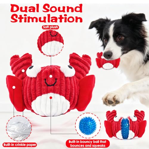 Squeak Dog Toys for Aggressive Chewers, No Stuffing Squeak Dog Chew Toys for Aggressive Chewers, Interactive Dog Toy Ball with Crinkle Paper for Medium Dogs, Large & Small Breeds (A-Red Crab) - color: A-Red Crab