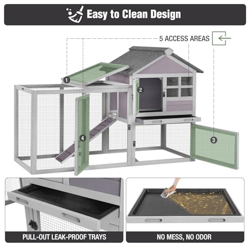 Large Rabbit Hutch Outdoor Indoor, Bunny Cage with 4 Access Areas & Pull-Out Leak-Proof Trays, Waterproof Roof Wooden Bunny Hutch for 1-2 Rabbits, Guinea Pigs, Chickens - color: Grey-XZ7002