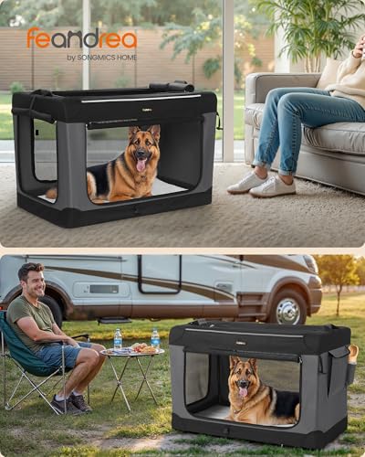 Feandrea Collapsible Dog Crate, Portable Travel Crate, 42-Inch | Oxford Fabric Pet Carrier with 4 Mesh Doors, Handles, Storage Pocket, Water Bottle Holder, UPDC021B01 - size: XXL（42"L x 28"W x 28"H)