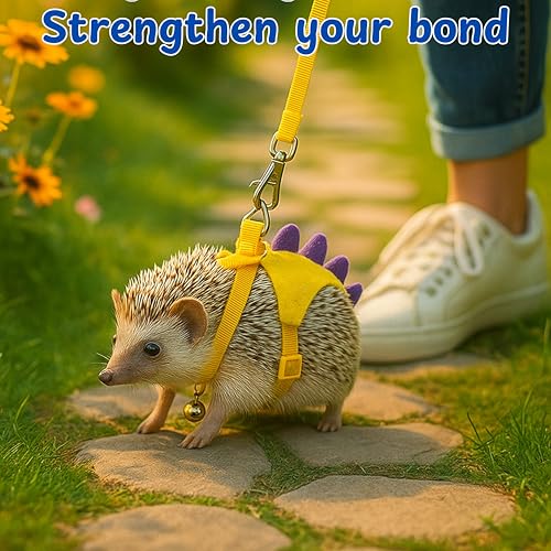 Adjustable Hedgehog Leash and Harness with Safe Bell, Dinosaur Shaped Harness Leash for Training Playing, Hamster Clothes for Ferret Guinea Pig Hamster, Hedgehog Accessories (Yellow) - color: Yellow