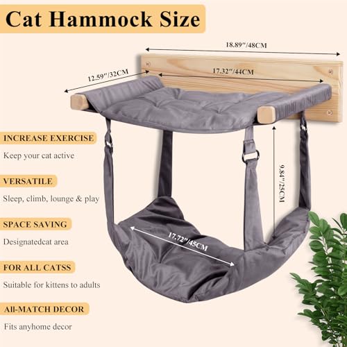 JSPYFITS Wooden Cat Furniture Wall Mounted, Double Layer Hammock, Large Size 18.9″ Removable Multi-Function Cat Bed for Sleep/Play/Climb, Kitten Window Perch, Easy DIY Installation(Grey) - color: Grey