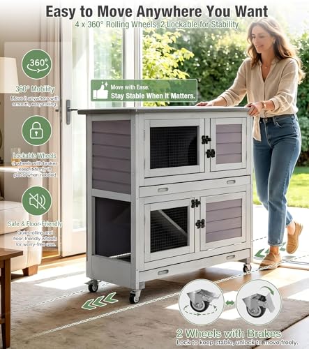 Two-Tier Guinea Pig Cages Rabbit Hutch with Anti-Chew Ramp | bunny cage with dual deep trays, weatherproof roof, lockable catsters, multiple access doors - color: 36“L Grey