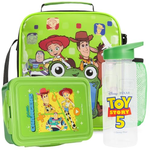 Get Trend Toy Story Boys Lunch Box 3Pc Set | Kids Insulated Lunch Bag with BPA-Free Water Bottle and Bento Box, Back to School Woody & Buzz Lightyear Gifts for Boys - color: Green/Multi Toy Story