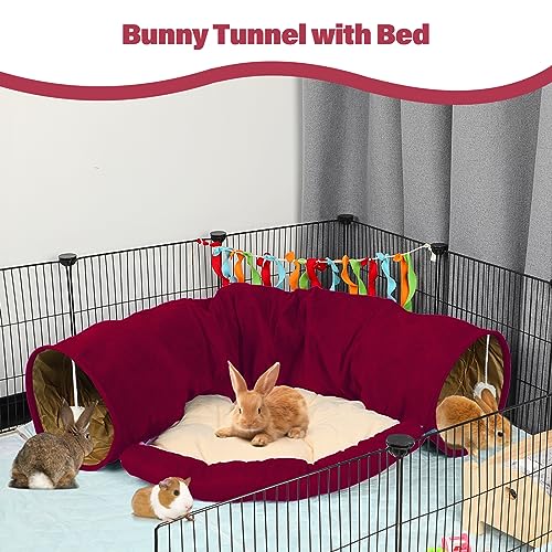 BWOGUE Bunny Tunnel Bed, 2-in-1 Collapsible Rabbit Tunnel Hideout with Mat | Removable Mat for Washing, Ball Toy for Play, Tunnel Tubes for Hiding, Soft Suede Fabric, Cats Rabbits Guinea Pigs - color: Red