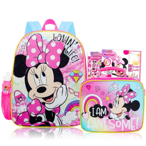 Minnie Mouse Backpack with Lunchbox Set for Girls School Bundle, More | 16in Large Durable Minnie Bookbag w/ Insulated Lunch Box Plus Water Bottle, Stickers, More - Minnie Mouse School Supplies