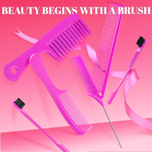 SALONSILK 6PCS Professional Comb Set, Edge Brush Wide Tooth Rat Tail Fine Tooth Hair Combs for Women&Men, Braiding Cutting Barber Styling Curly Parting Set for Curls, Natural Black Hair - color: Rose red-6PCS
