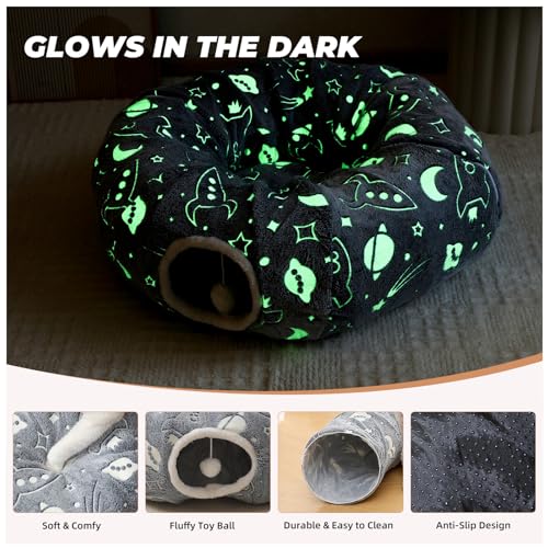 Large Cat Tunnels Bed Tube for Indoor Cats Under Christmas Tree Glows in The Dark Cat Tunnel with Cushion and Plush Ball Toy Longer Playground Toys for Dog Puppy Kitten Pet Gray - color: Gray Bed